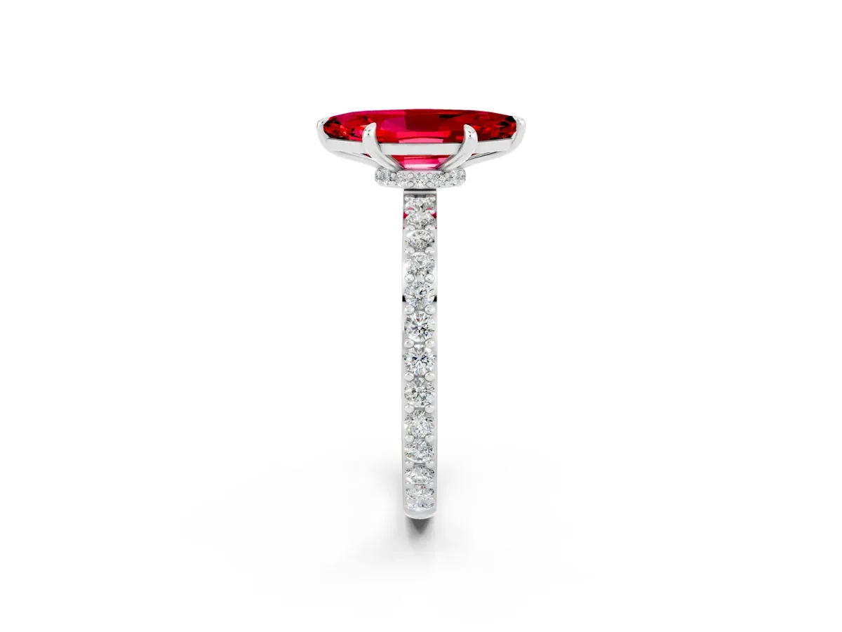 Marquise Cut Ruby Solitaire Engagement Ring with Pavé Band and Four-Prong Setting Platinum