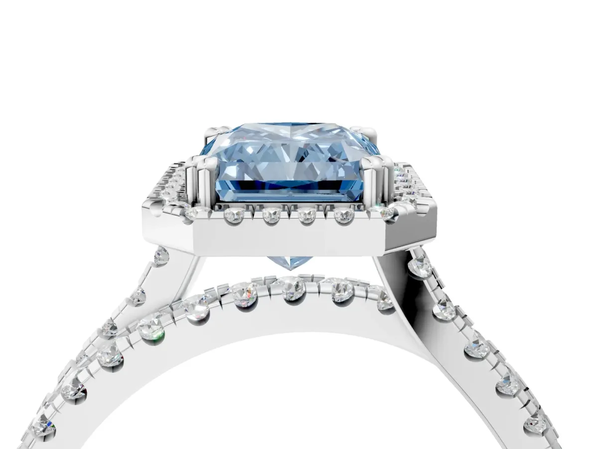 Fancy Blue Radiant Cut Halo Split Shank Diamond Ring with Pavé Setting Platinum