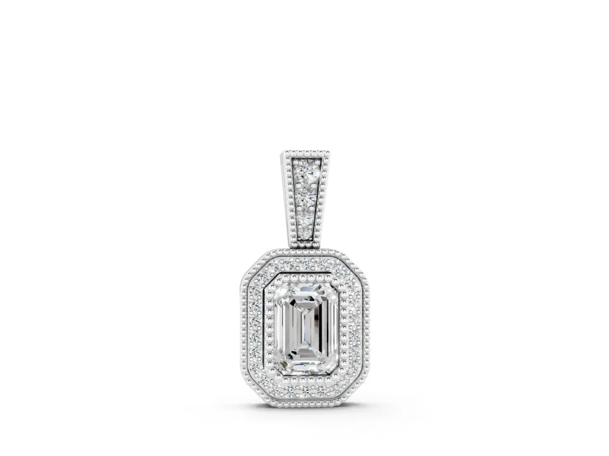 Emerald Cut Halo Diamond Pendant with Pavé Setting White gold