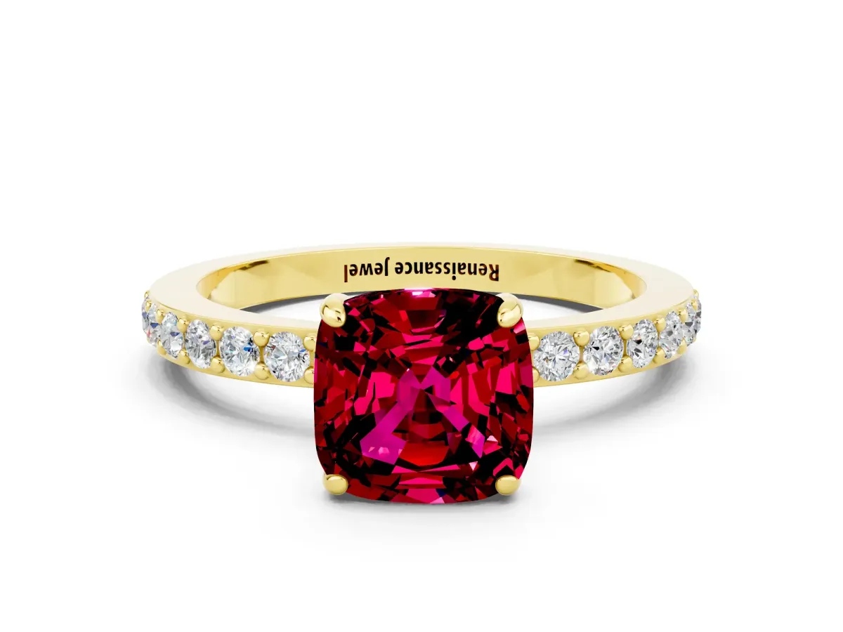Cushion Cut Garnet Solitaire Engagement Ring with Pavé Band and Four-Prong Setting Yellow gold