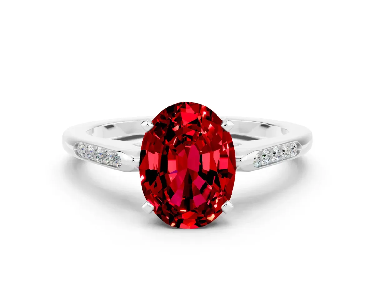 Oval Cut Ruby Solitaire Ring with Channel Set Round Band and Prong Setting White gold