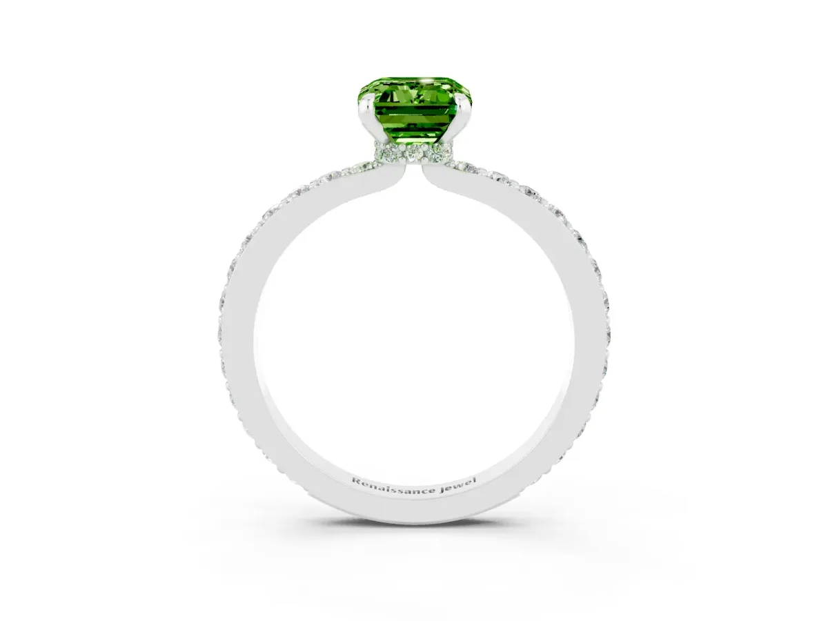 Emerald Cut Peridot Solitaire Engagement Ring with Pavé Band and Four-Prong Setting White gold