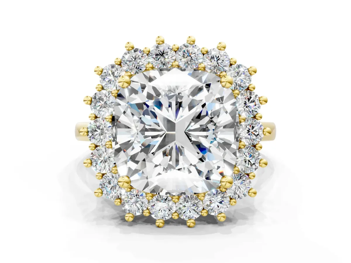 Cushion Diamond Halo Engagement Ring with Round Diamond Accents Yellow gold