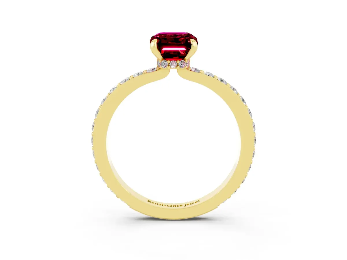 Emerald Cut Garnet Solitaire Engagement Ring with Pavé Band and Four-Prong Setting Yellow gold