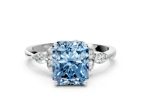 Fancy Blue Radiant Cut Brilliant Diamond Solitaire Ring with Pear Side Stones and Four-Prong Setting Platinum