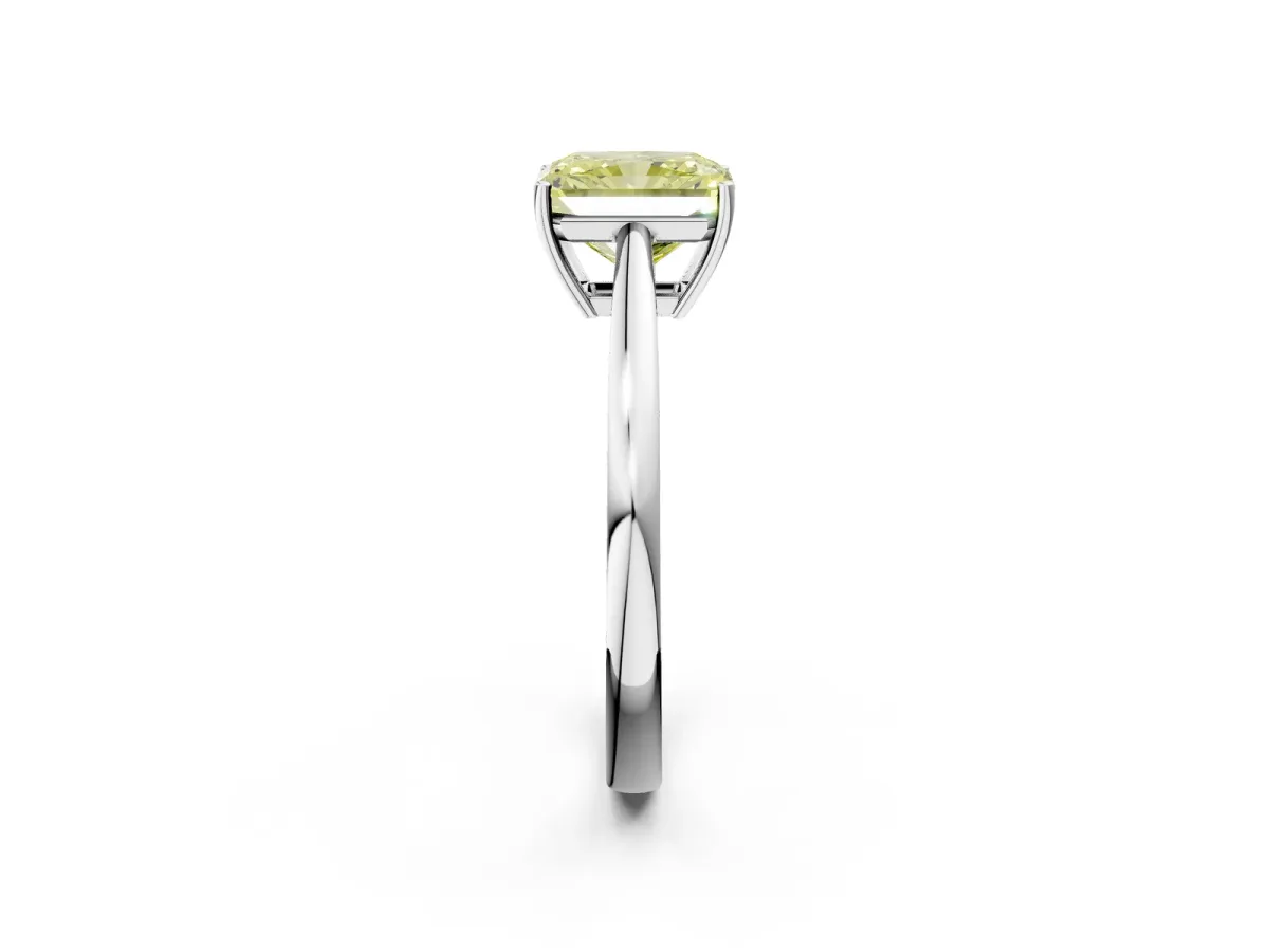 Fancy Yellow Radiant Cut Solitaire Diamond Ring with Split Shank and Four-Prong Setting Platinum