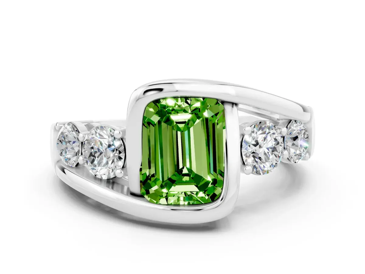 Bezel Set Emerald Cut Peridot Bypass Ring with Round Accents Silver