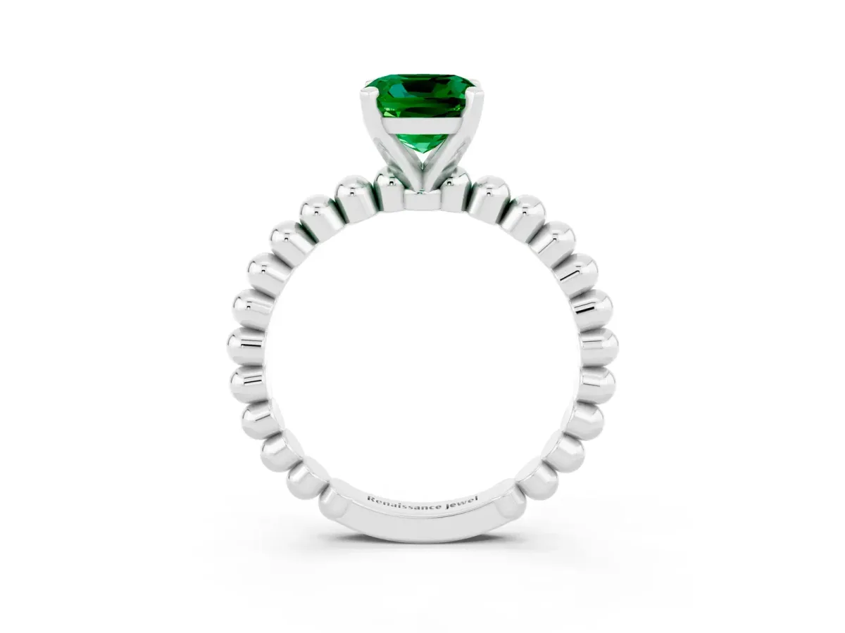 Cushion Cut Emerald Solitaire Ring with Beaded Band and Prong Setting Silver