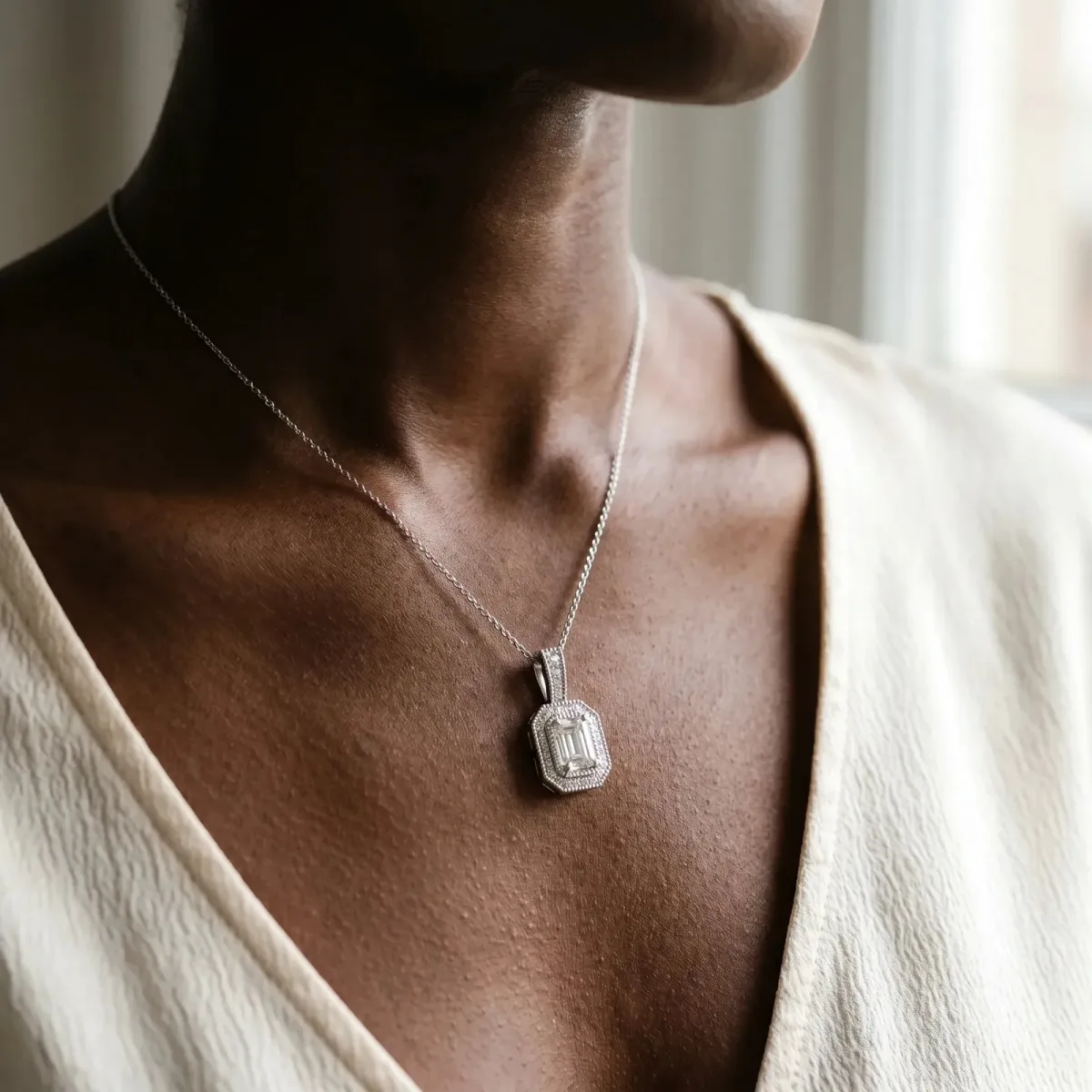 Emerald Cut Halo Diamond Pendant with Pavé Setting White gold
