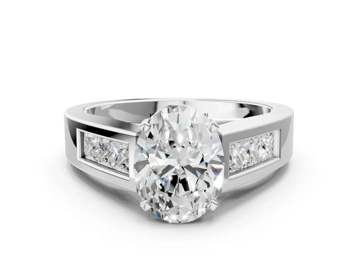 Oval Cut Cut Channel Set Solitaire Ring with Four-Prong Setting Platinum
