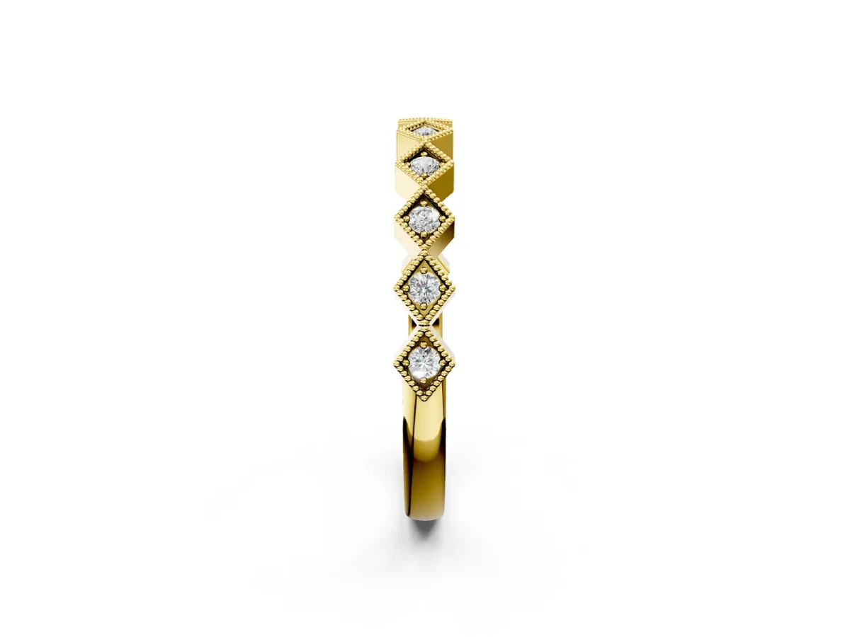 Milgrain Diamond Geometric Stackable Band with Round Cut Stones and Bezel Setting Yellow gold