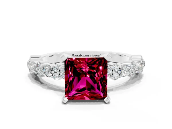 Princess Cut Garnet Side Stone Solitaire Ring with Round and Four-Prong Setting Platinum