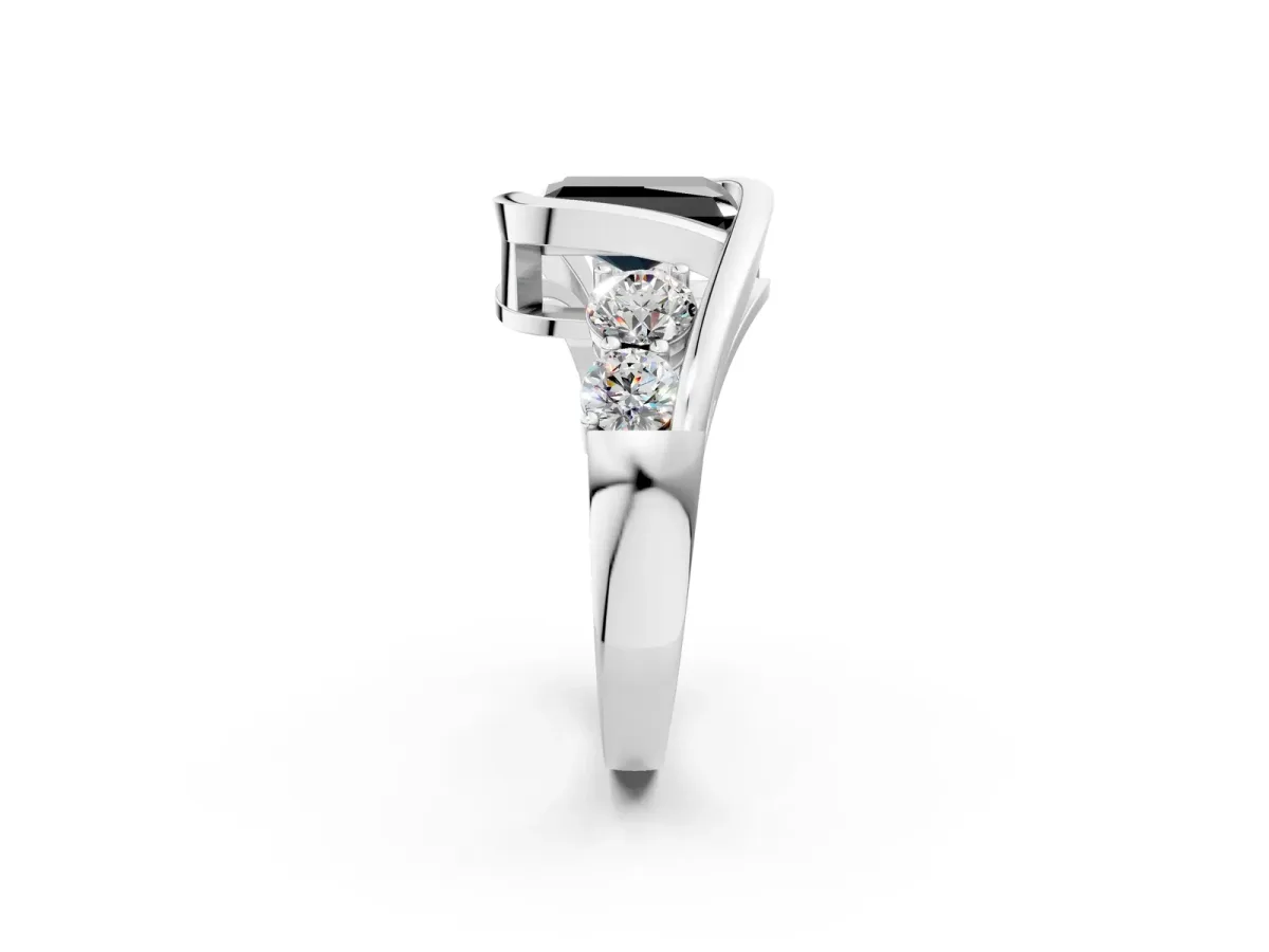 Fancy Black Bezel Set Radiant Cut Diamond Bypass Ring with Round Accents Platinum