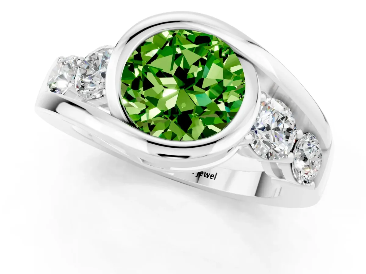 Bezel Set Round Cut Peridot Bypass Ring with Round Accents Silver