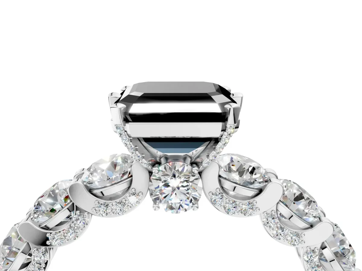 Fancy Black Asscher Cut Diamond Side Stone Engagement Ring with Four-Prong Setting Platinum