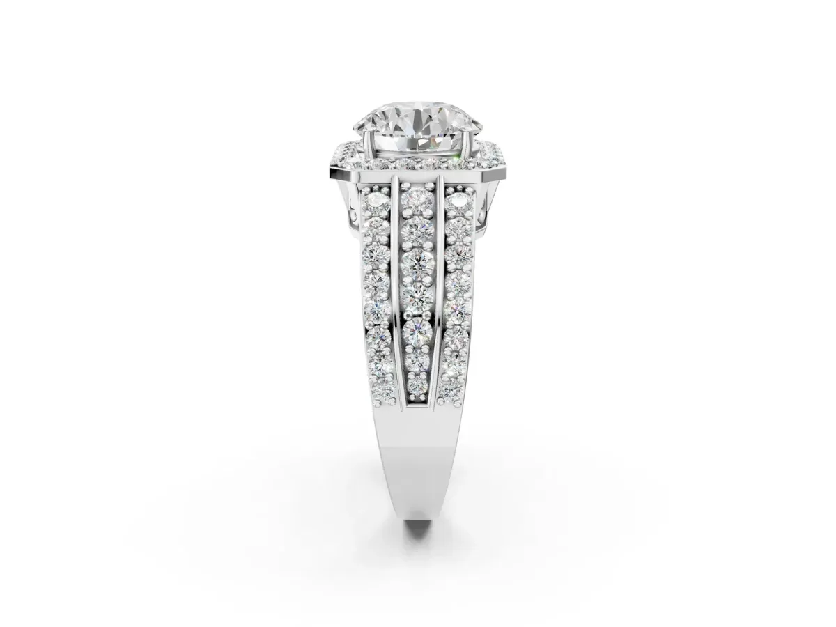 Round Cut Halo Diamond Ring with Round Tanzanite Split Shank and Prong Setting Silver
