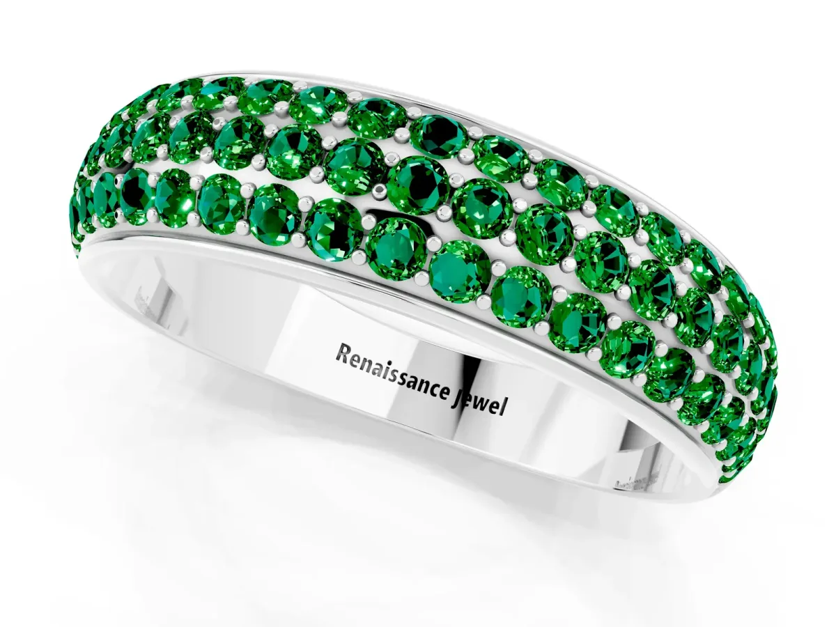 Three-Row Round Emerald Eternity Band with Shared Prong Setting Silver