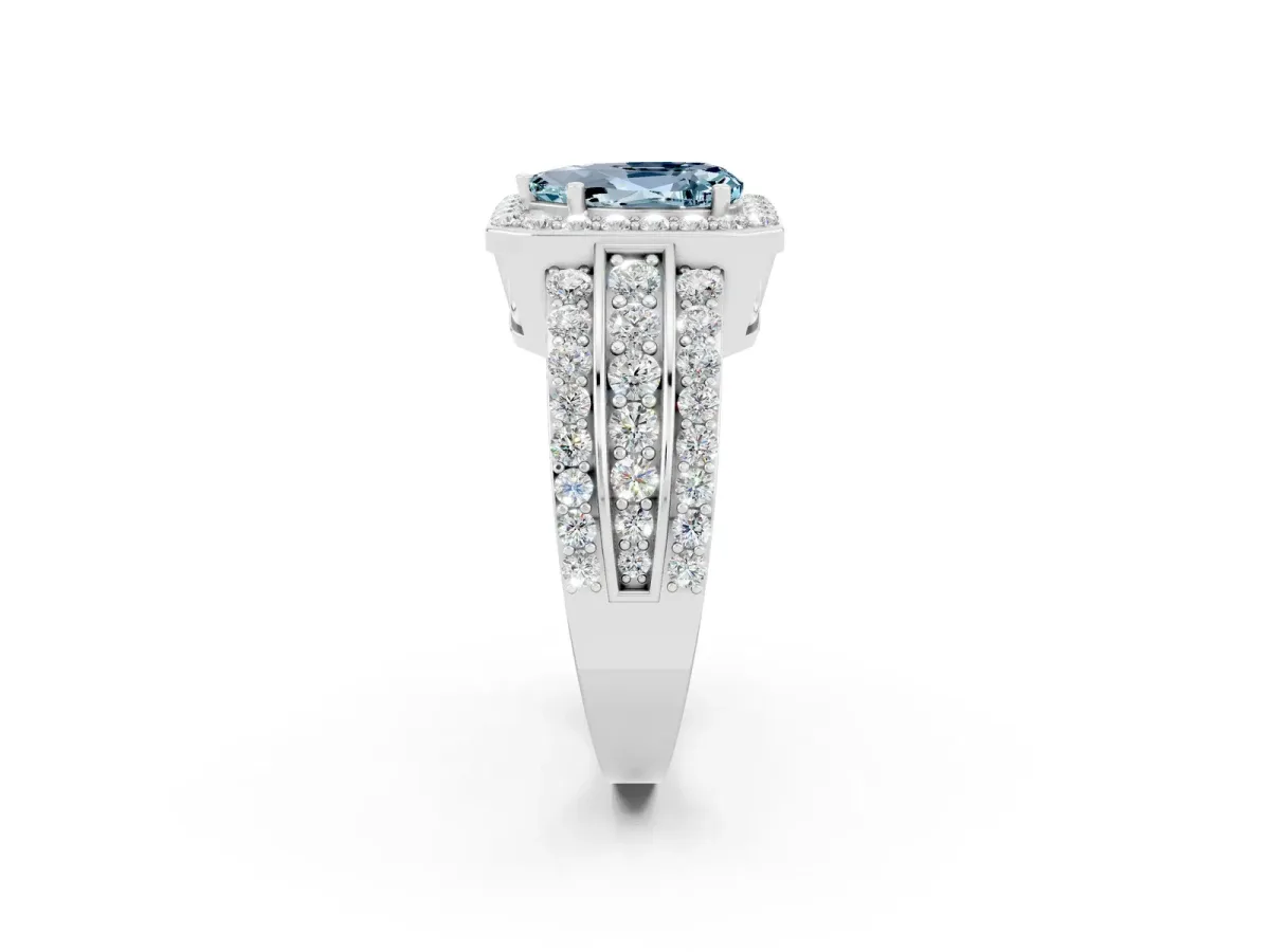 Pear Cut Halo Aquamarine Ring with Round Split Shank and Prong Setting Silver