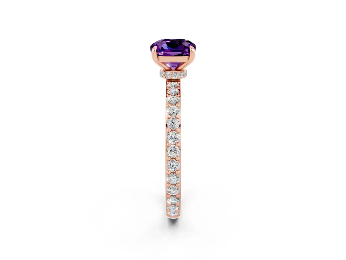 Cushion Cut Amethyst Solitaire Engagement Ring with Pavé Band and Four-Prong Setting Rose gold