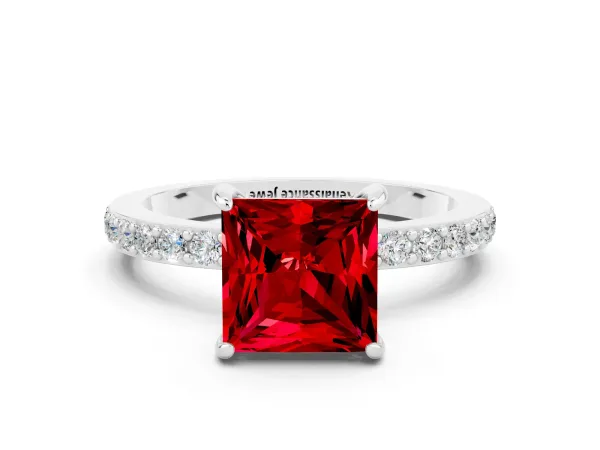 Princess Cut Ruby Solitaire Engagement Ring with Pavé Band and Four-Prong Setting Platinum