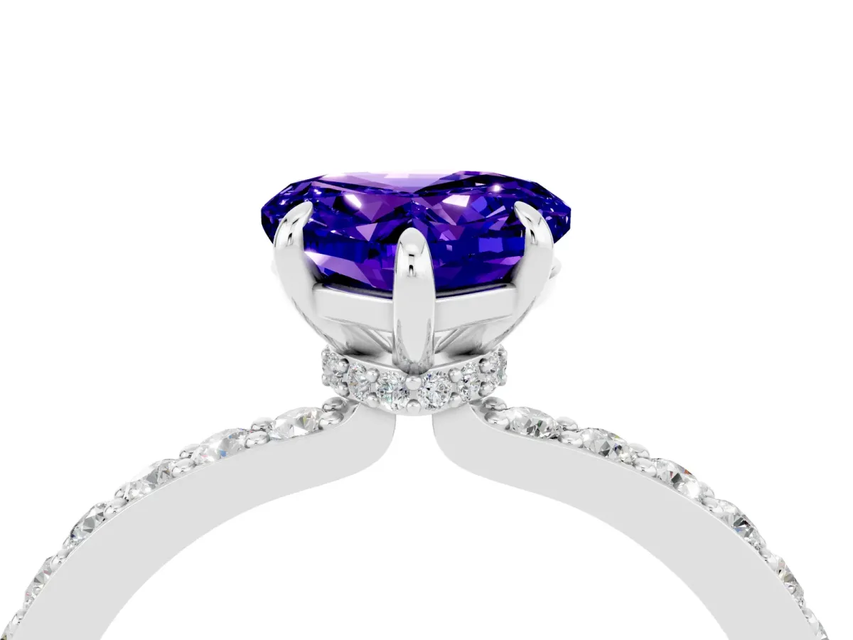 Heart Cut Tanzanite Solitaire Engagement Ring with Pavé Band and Four-Prong Setting Platinum