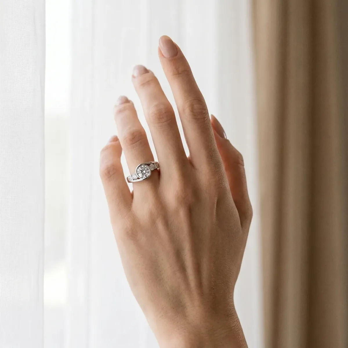 Bezel Set Cushion Cut Diamond Bypass Ring with Round Accents Silver