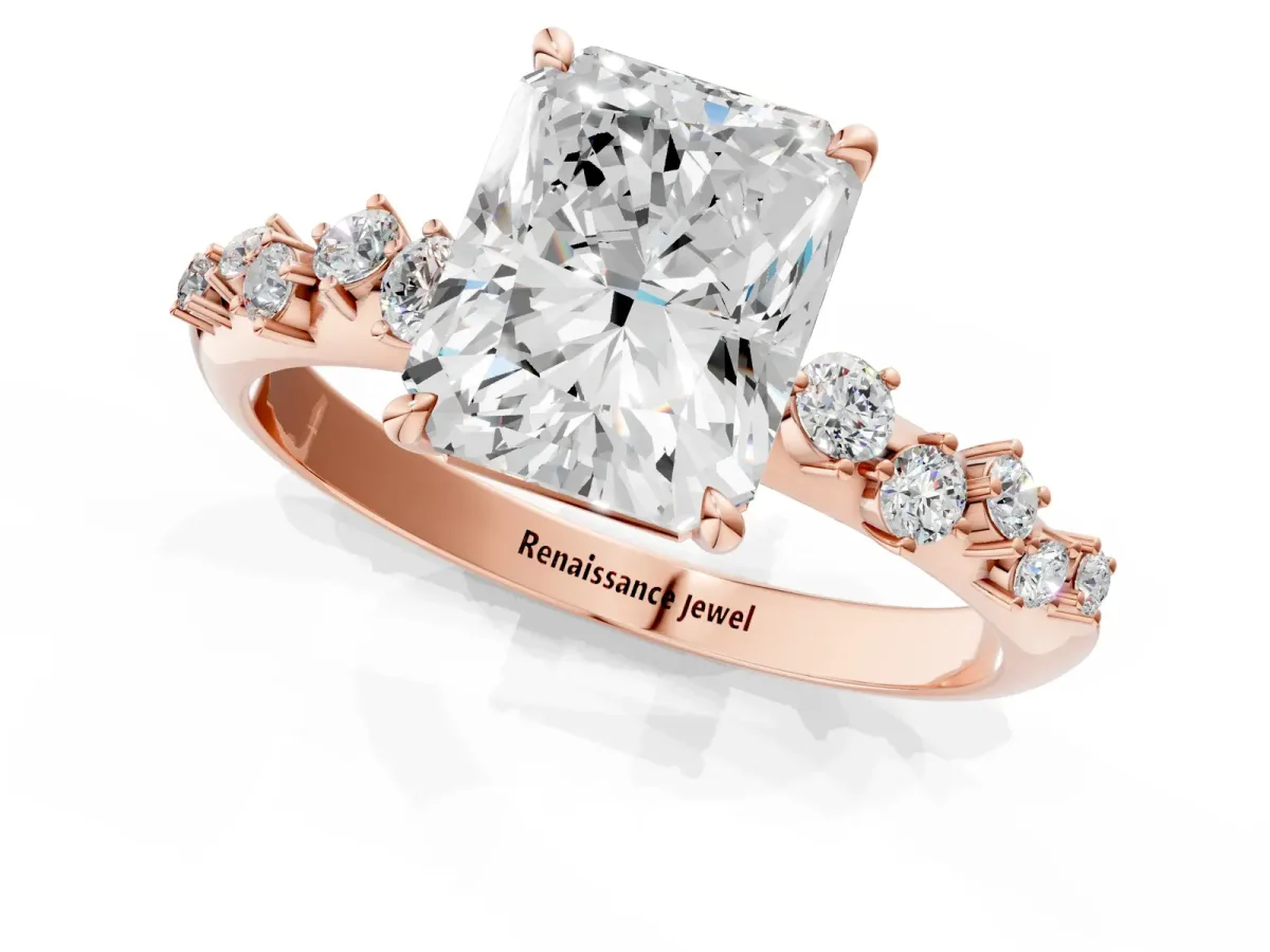 Radiant Cut Diamond Cluster Side Stone Solitaire Ring with Prong Setting Rose gold