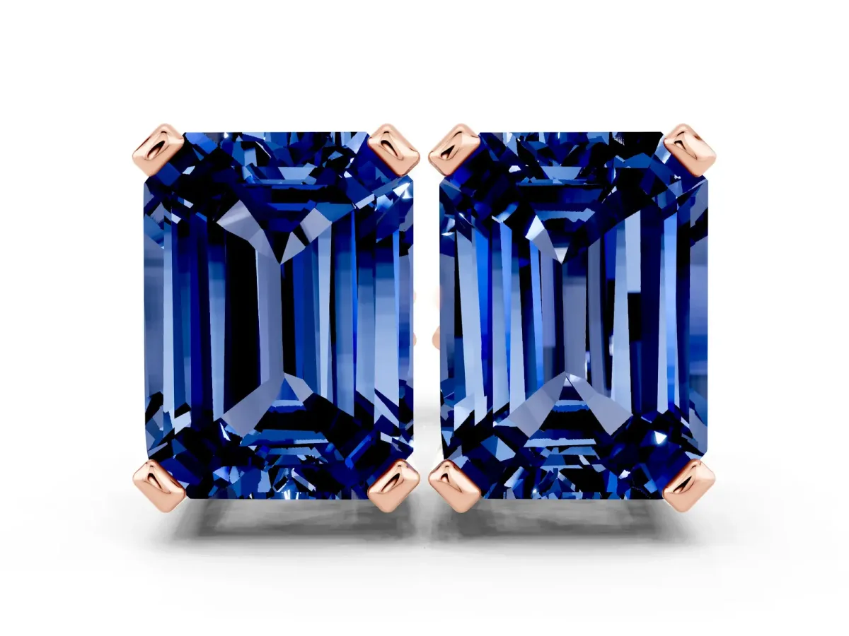 Emerald Cut Blue Sapphire Stud Earrings Rose gold