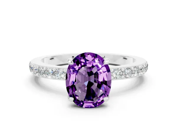 Oval Cut Amethyst Solitaire Engagement Ring with Pavé Band and Four-Prong Setting Platinum