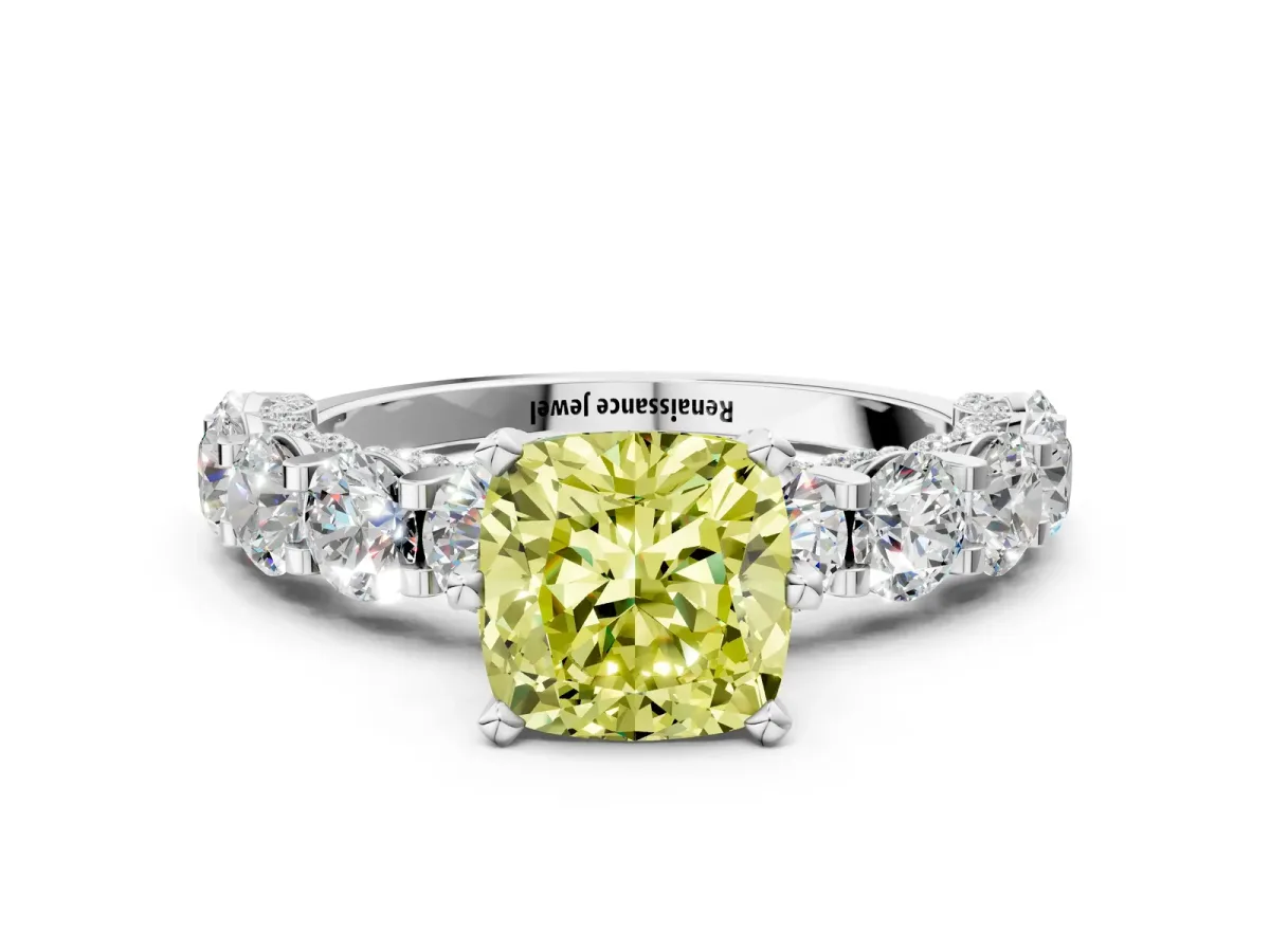 Fancy Yellow Cushion Cut Diamond Side Stone Engagement Ring with Four-Prong Setting White gold
