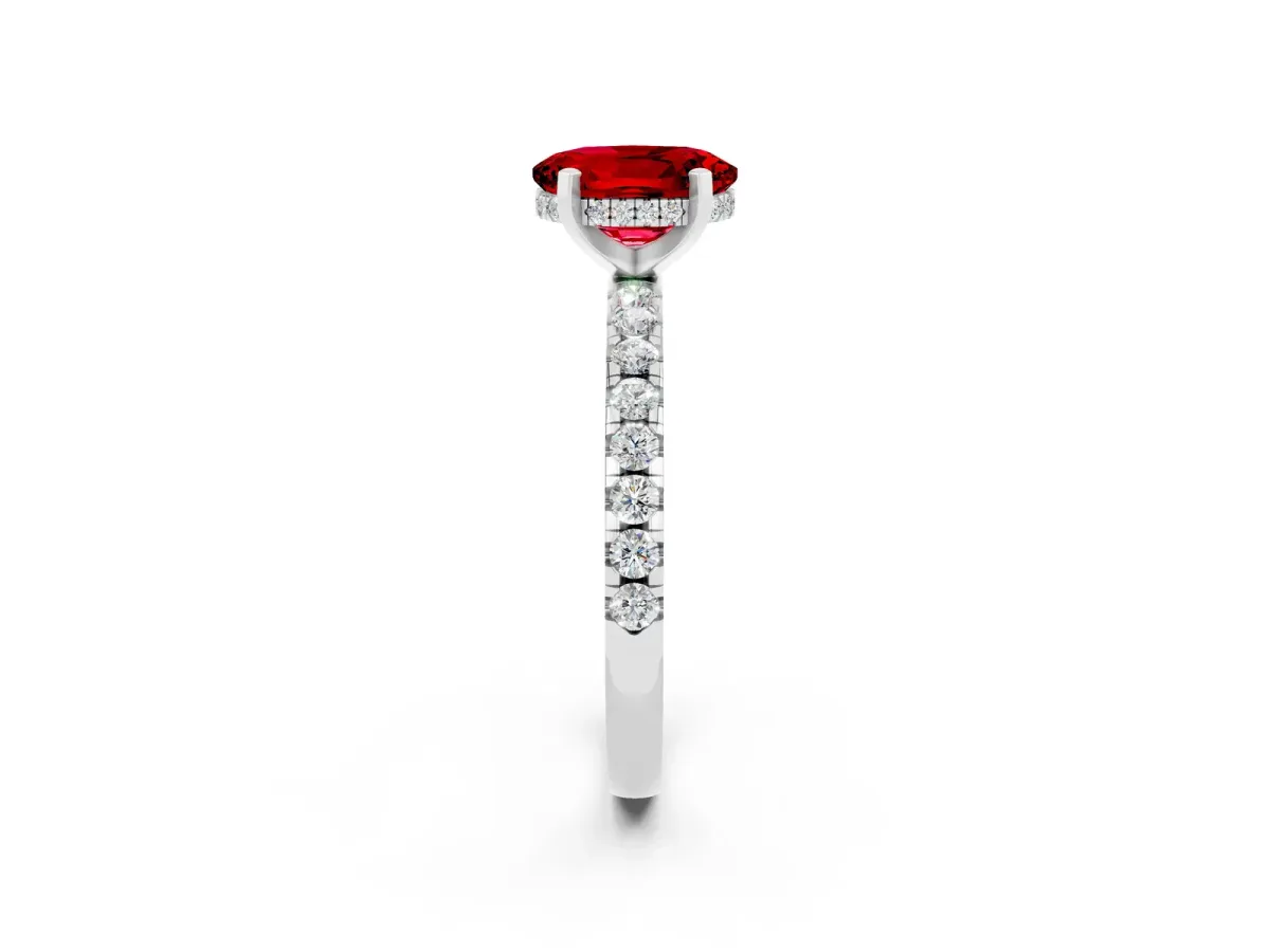 Oval Cut Ruby Solitaire Ring with Round Pavé Band and Four-Prong Setting White gold