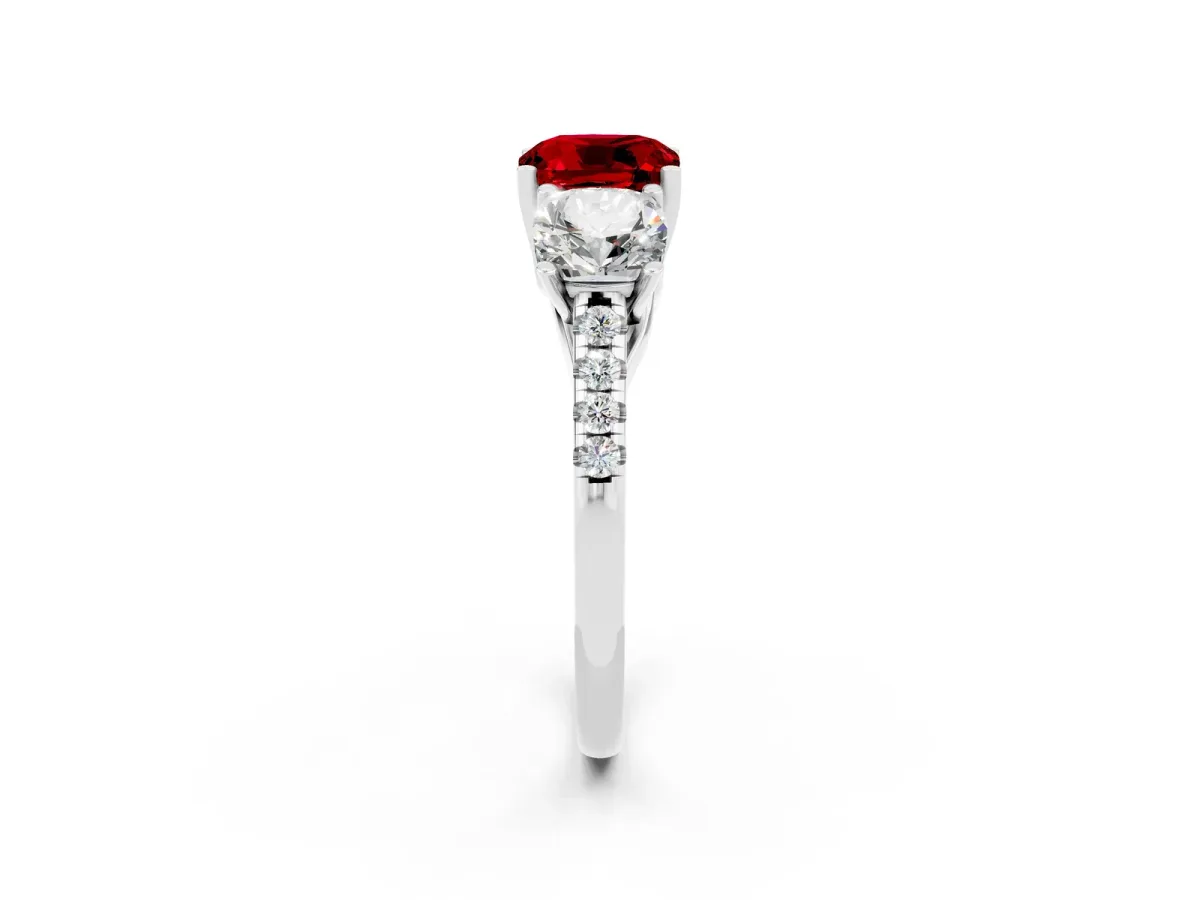 Three-Stone Cushion Cut Ruby Ring with Round Pavé Band and Prong Setting Platinum