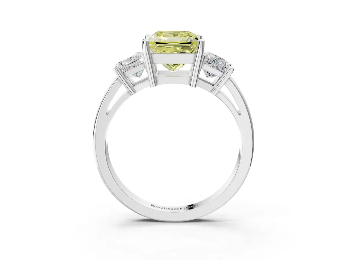 Fancy Yellow Three-Stone Princess Cut Cut Solitaire Ring with Prong Setting Platinum