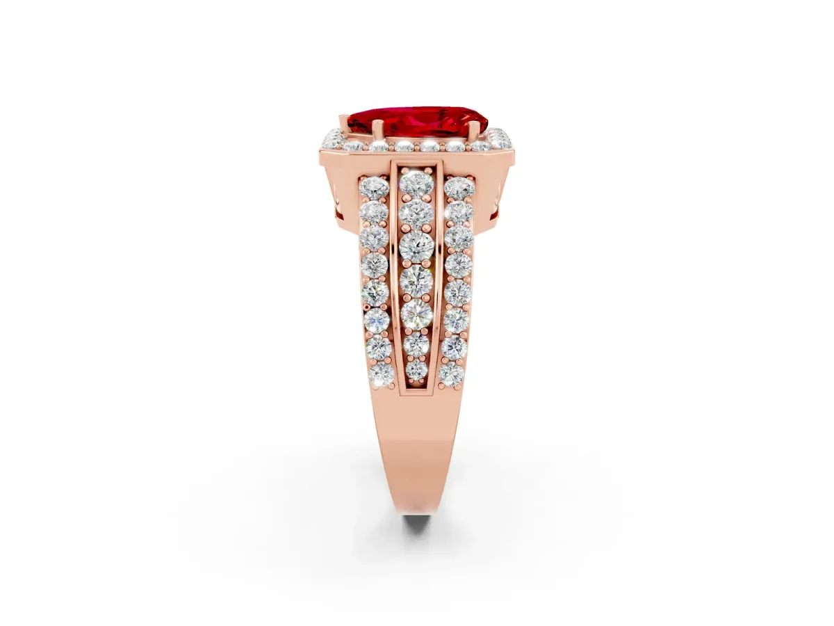 Pear Cut Halo Ruby Ring with Round Split Shank and Prong Setting Rose gold