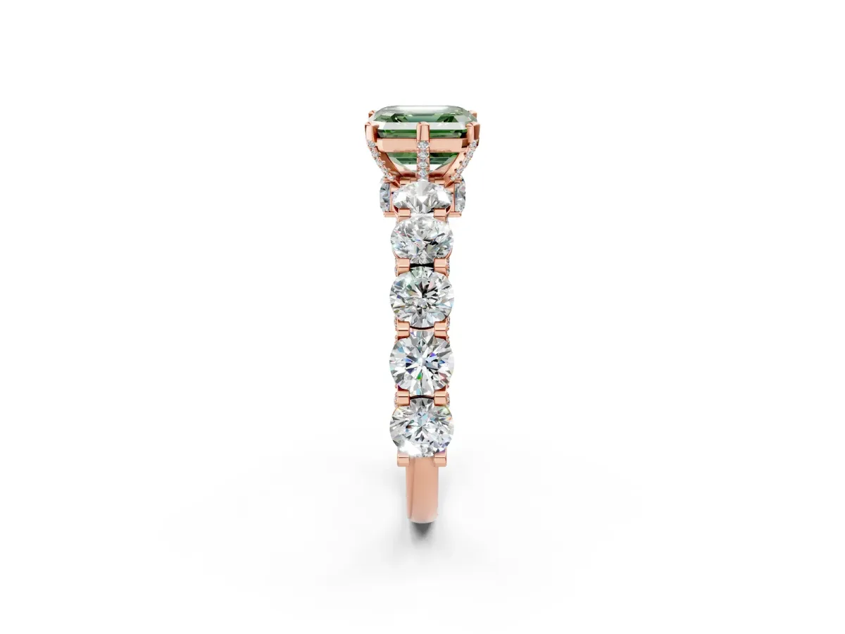 Fancy Green Asscher Cut Diamond Side Stone Engagement Ring with Four-Prong Setting Rose gold