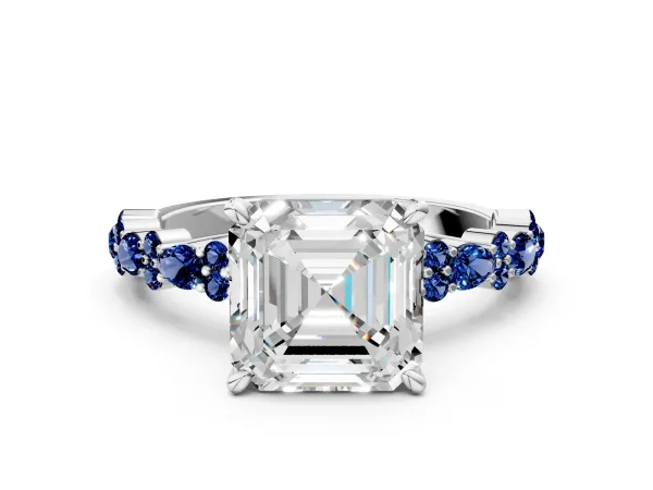 Asscher Cut Diamond Side Stone Solitaire Ring with Round Blue Sapphire and Four-Prong Setting Platinum