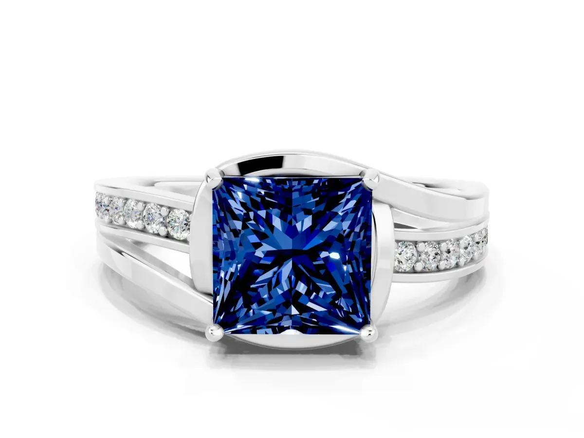 Princess Cut Blue Sapphire Solitaire Ring with Split Shank and Prong Setting Platinum