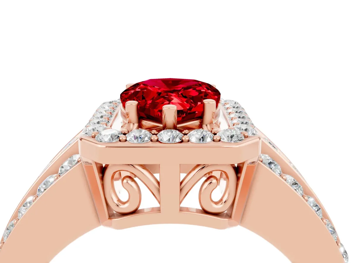 Pear Cut Halo Ruby Ring with Round Split Shank and Prong Setting Rose gold