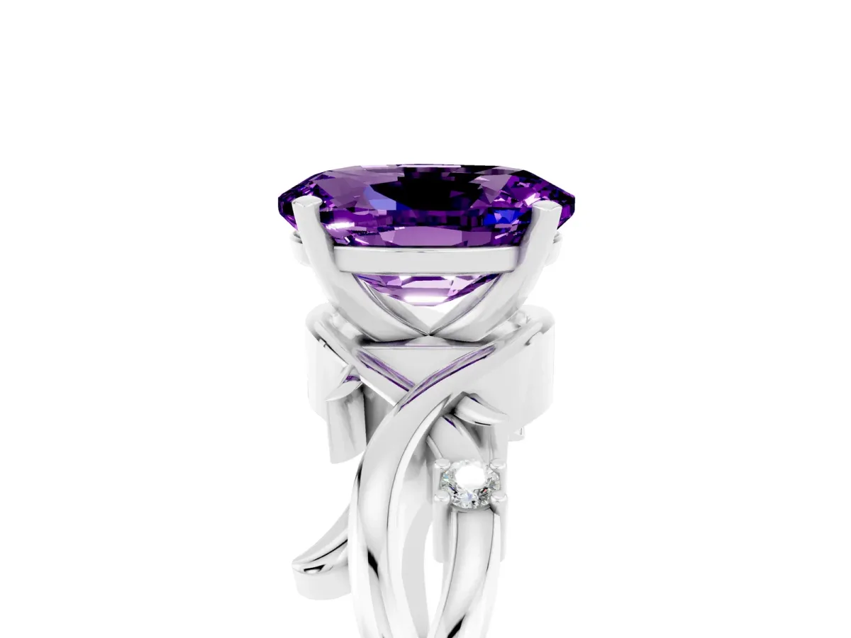 Oval Cut Amethyst Solitaire Ring with Twisted Band and Prong Setting Platinum
