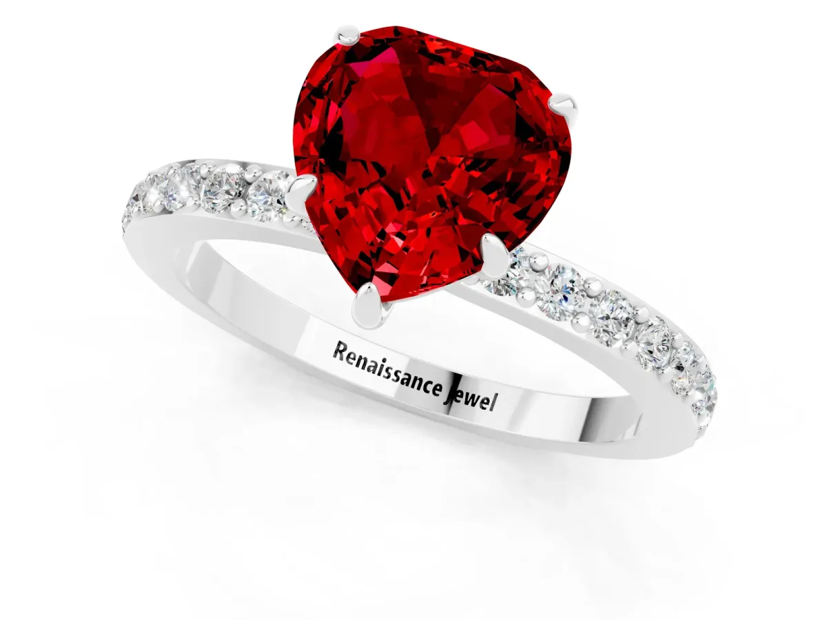 Heart Cut Ruby Solitaire Engagement Ring with Pavé Band and Four-Prong Setting White gold