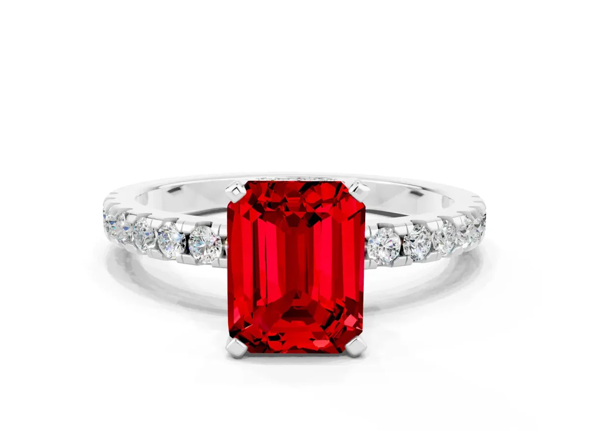 Emerald Cut Ruby Solitaire Ring with Round Pavé Band and Four-Prong Setting White gold