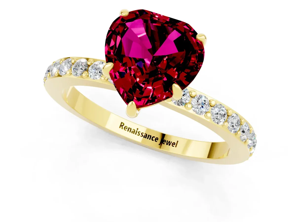 Heart Cut Garnet Solitaire Engagement Ring with Pavé Band and Four-Prong Setting Yellow gold
