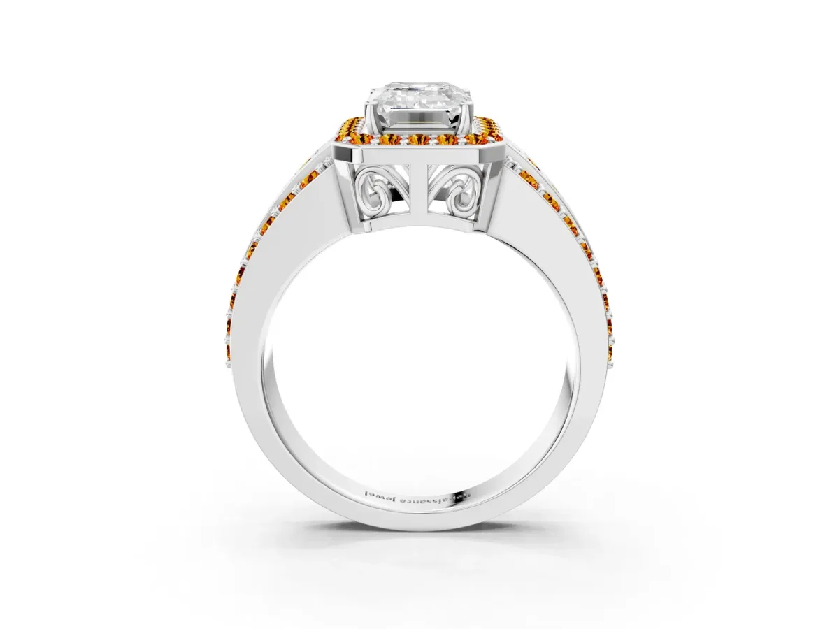 Emerald Cut Halo Diamond Ring with Round Citrine Split Shank and Prong Setting Platinum