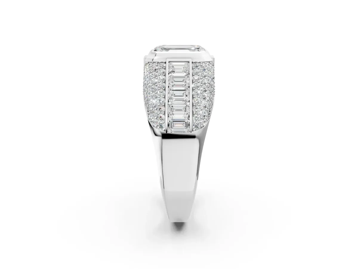 Emerald Cut Diamond Mens Ring with Side Stones Silver