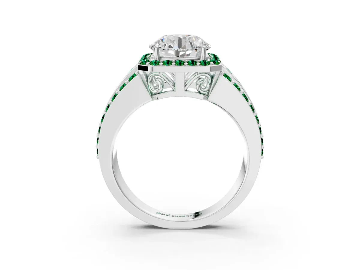 Round Cut Halo Diamond Ring with Round Emerald Split Shank and Prong Setting Silver