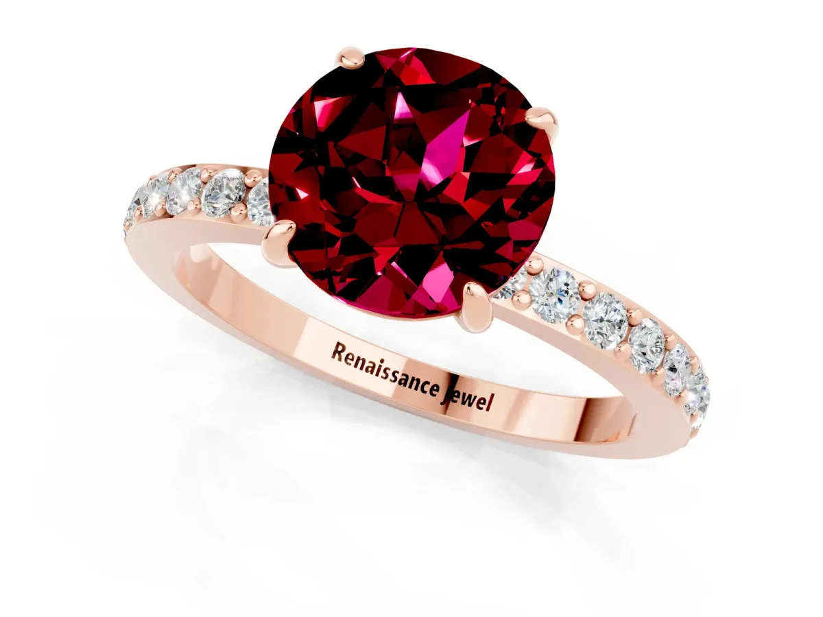 Round Cut Garnet Solitaire Engagement Ring with Pavé Band and Four-Prong Setting Rose gold