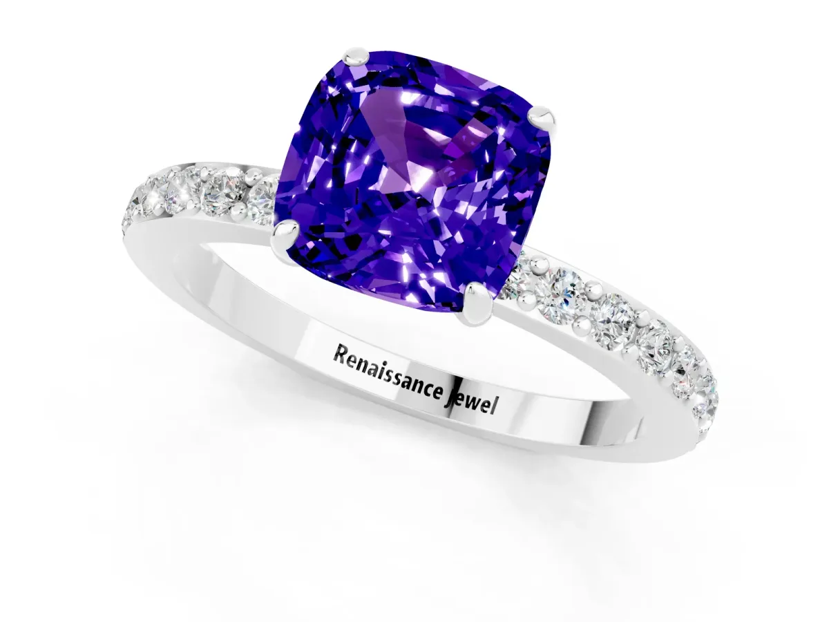 Cushion Cut Tanzanite Solitaire Engagement Ring with Pavé Band and Four-Prong Setting White gold