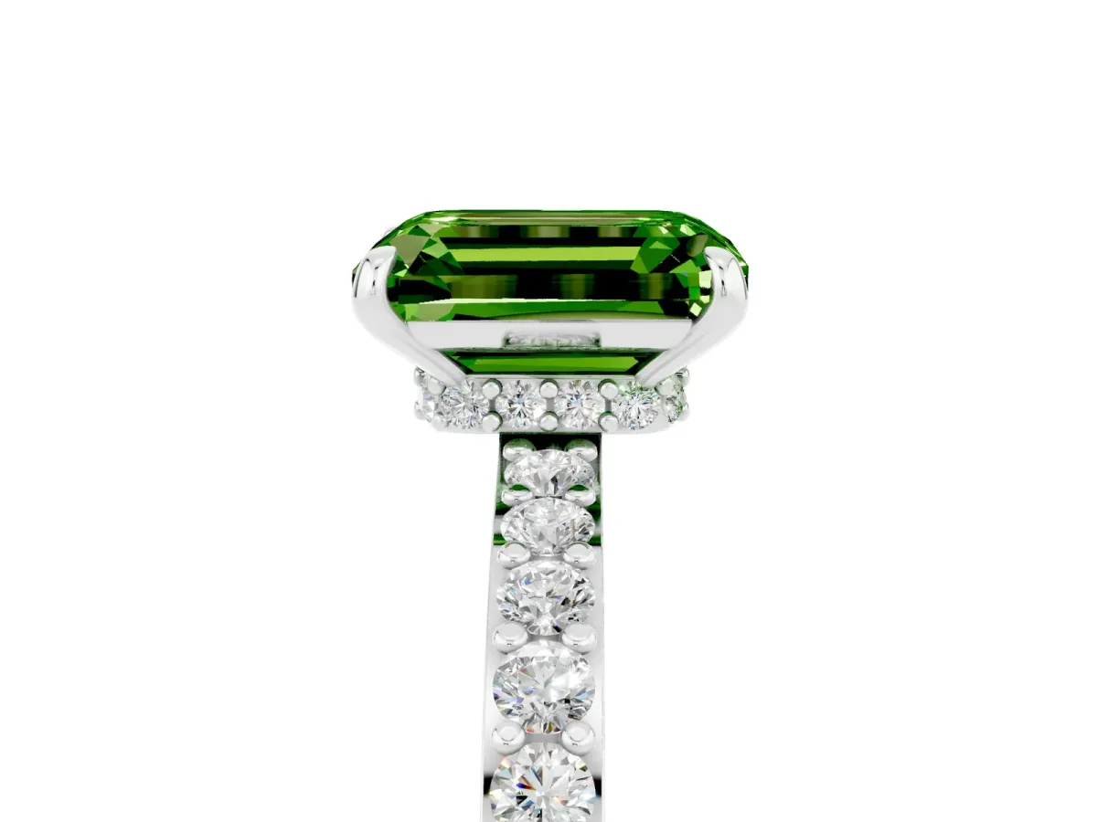 Emerald Cut Peridot Solitaire Engagement Ring with Pavé Band and Four-Prong Setting White gold