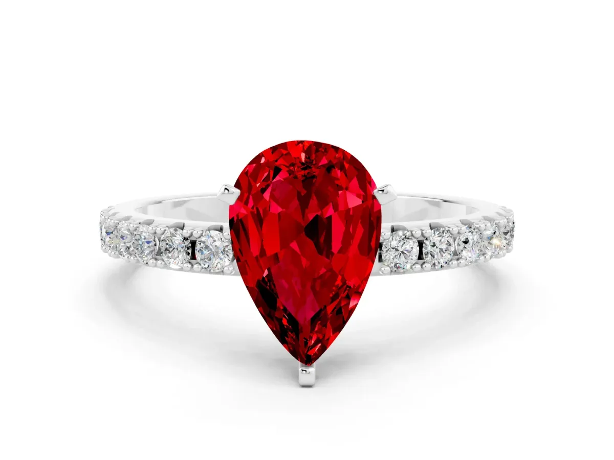 Pear Cut Ruby Solitaire Pavé Band with Four-Prong Setting White gold