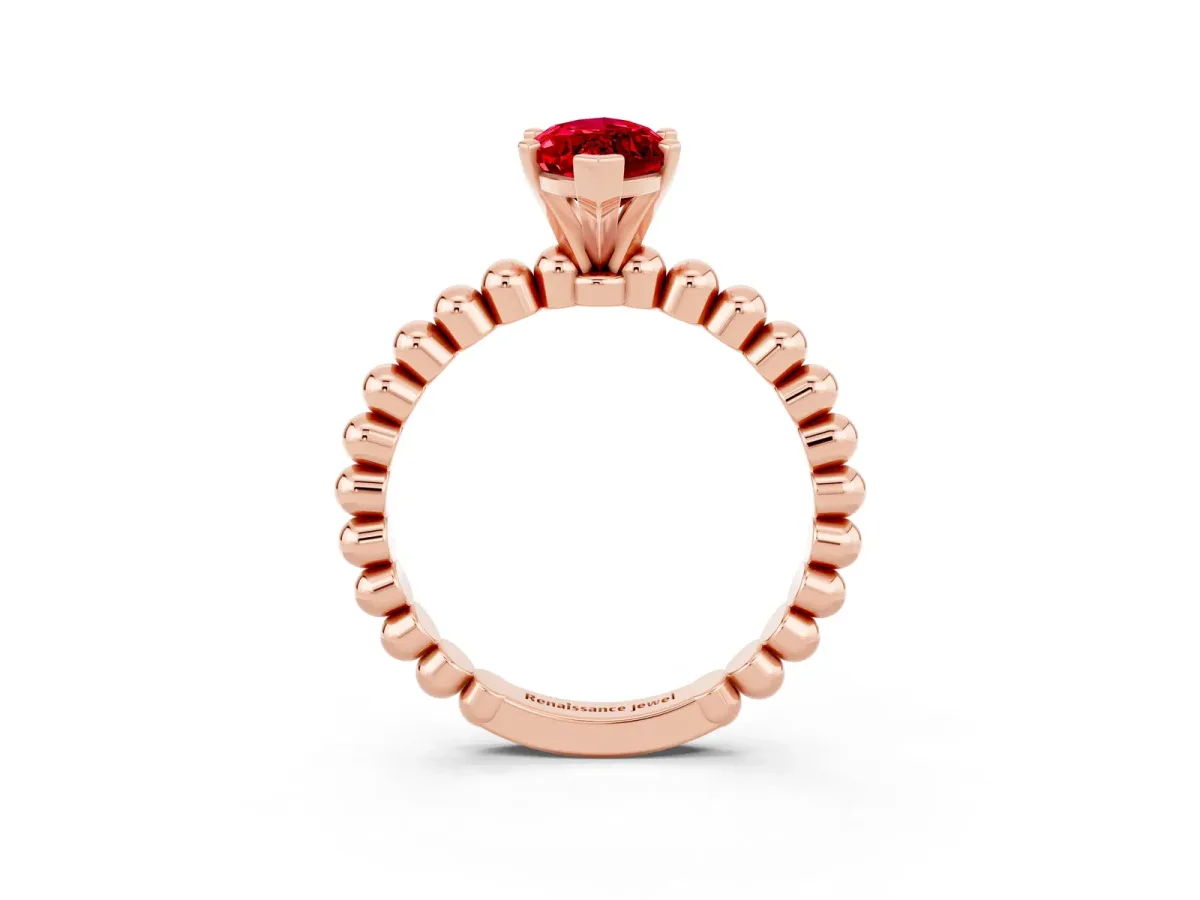 Marquise Cut Ruby Solitaire Ring with Beaded Band and Prong Setting Rose gold